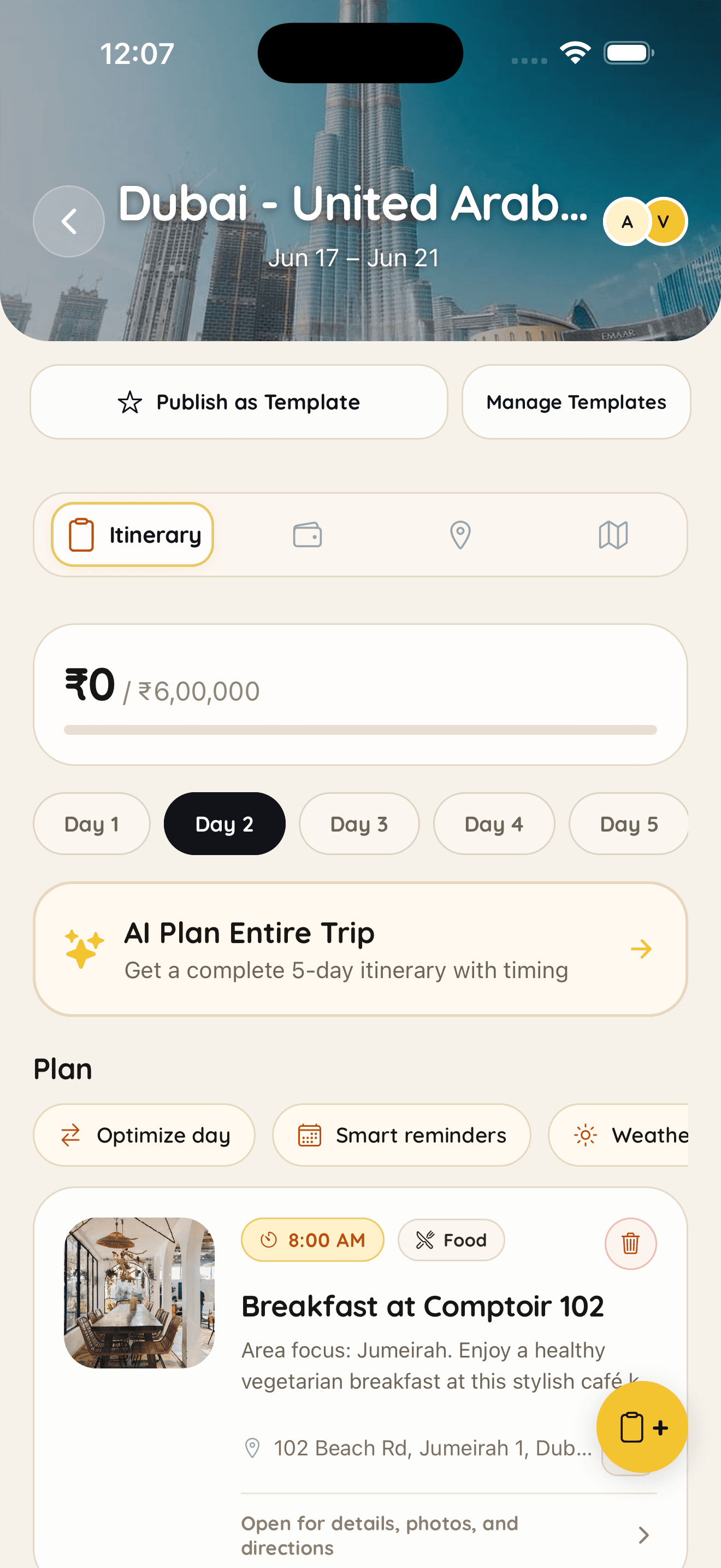 Roamer AI trip planning screen with budget and itinerary controls