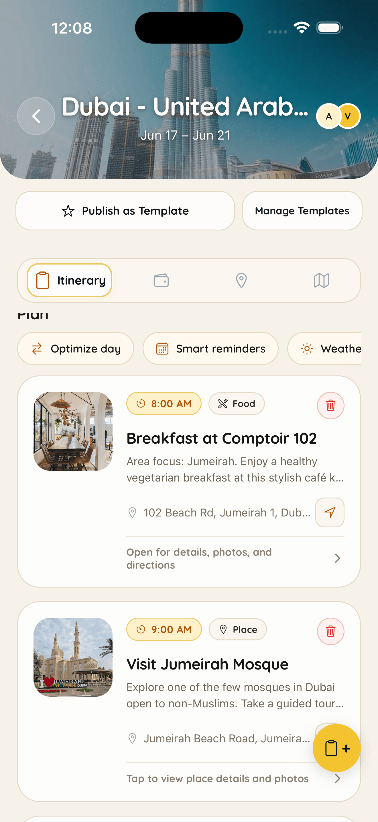 Roamer itinerary screen showing a day plan in Dubai