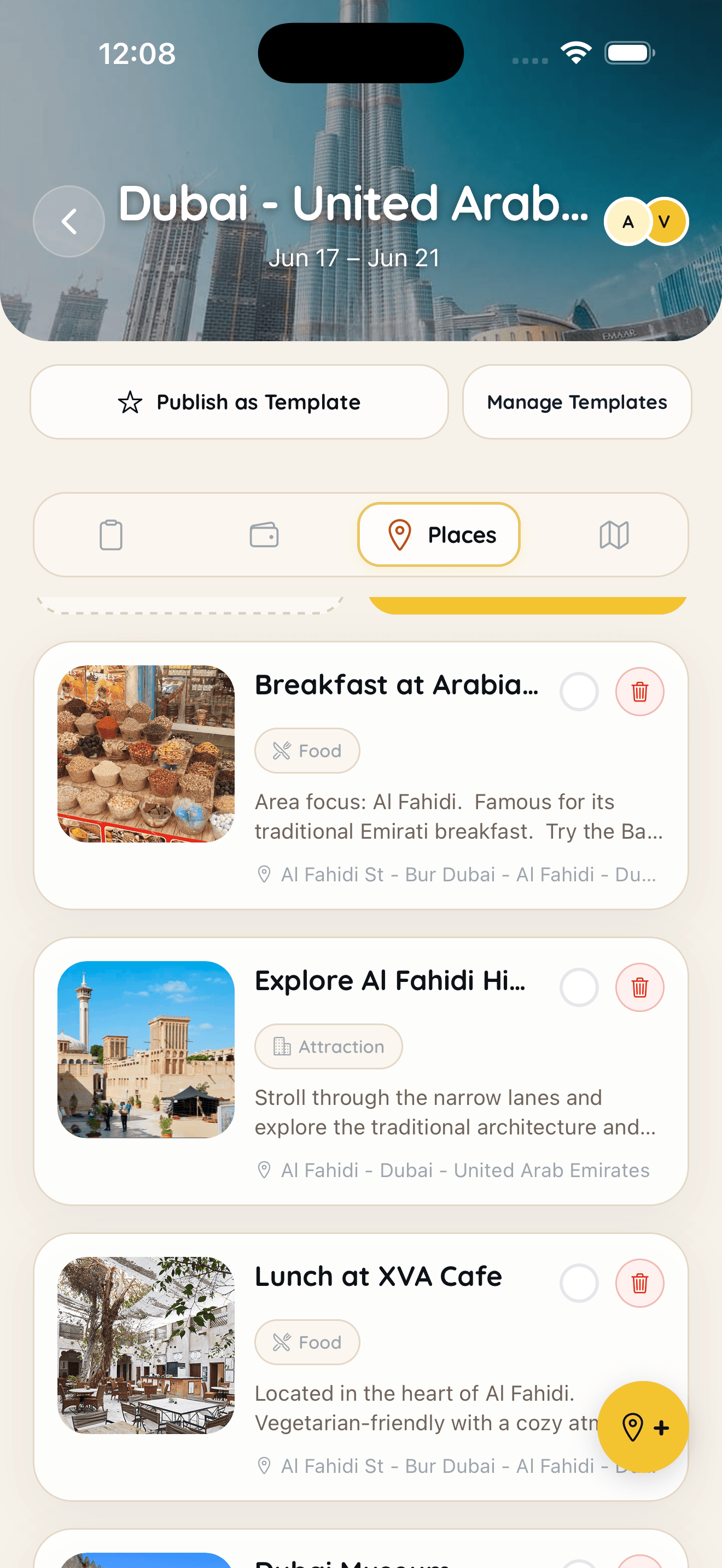 Roamer places screen showing saved activities and restaurants