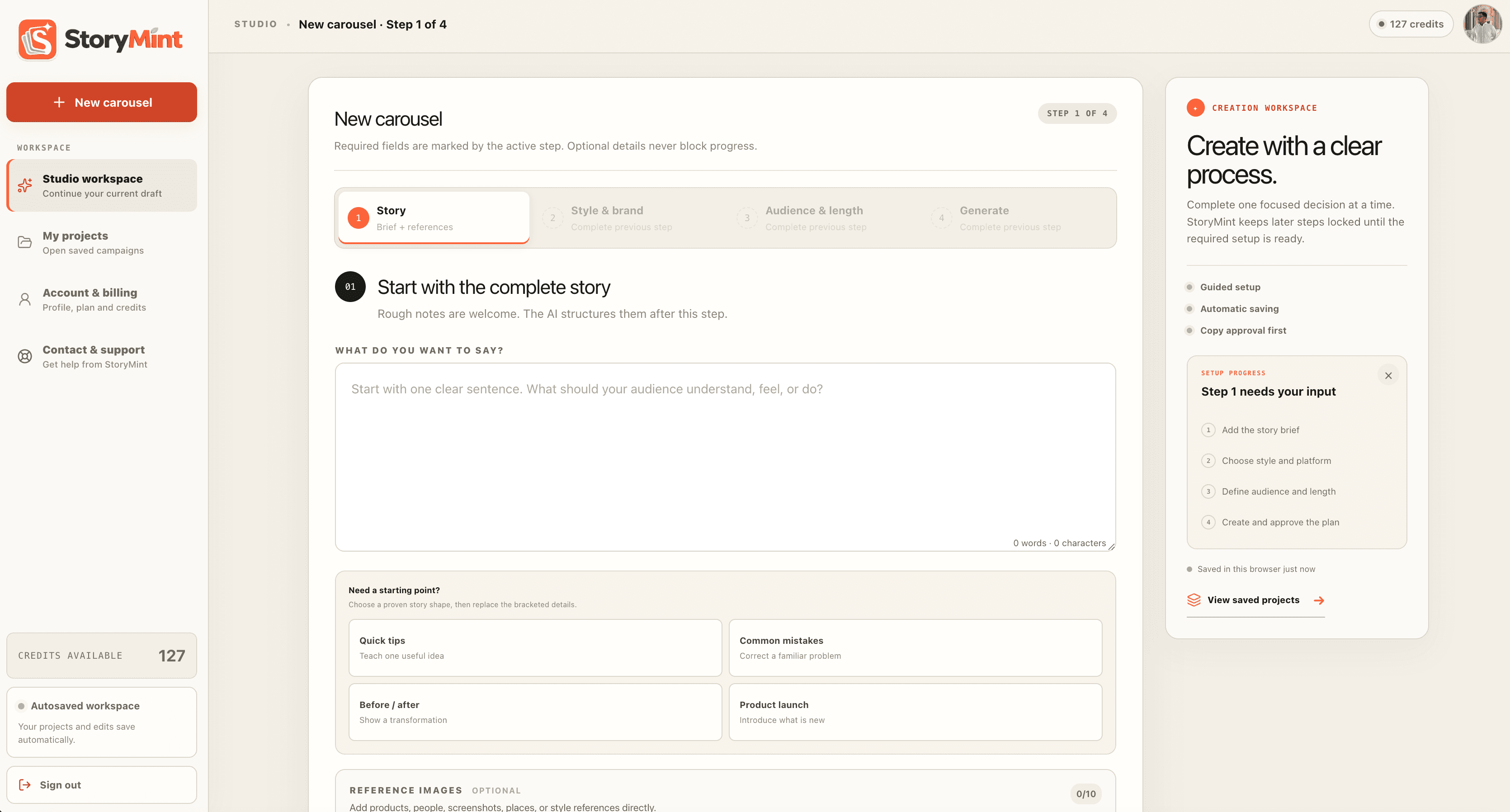 StoryMint studio workspace for entering and shaping a story